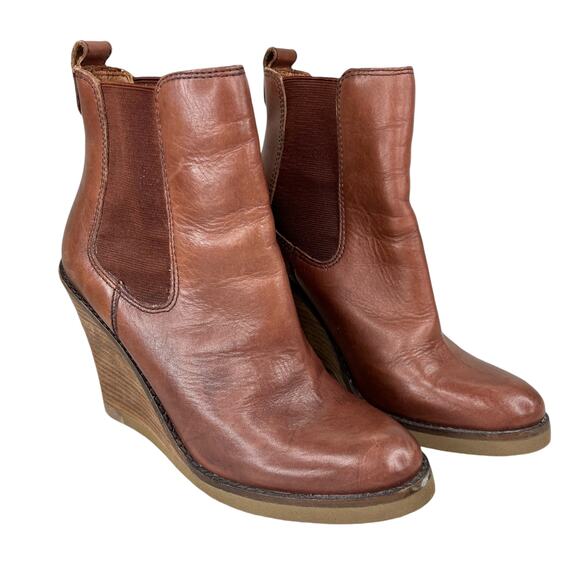 Lucky Brand Fedora Brown Leather Wedge Ankle Boots Booties 6.5 - Picture 2 of 11